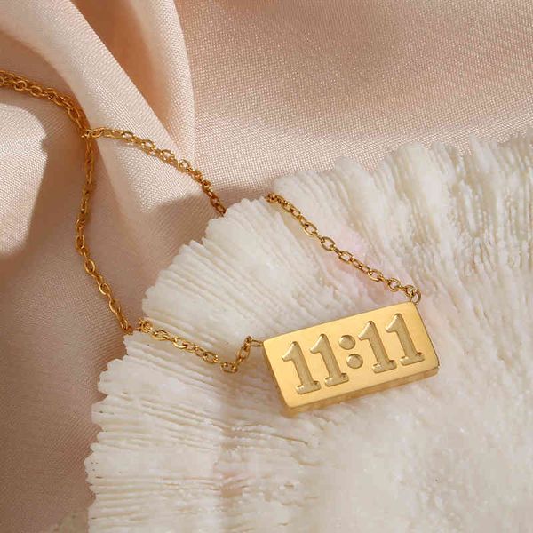

11:11 rectangle pendant plate fine polished stainless steel 18k gold plated necklace meaningful number jewelry, Silver