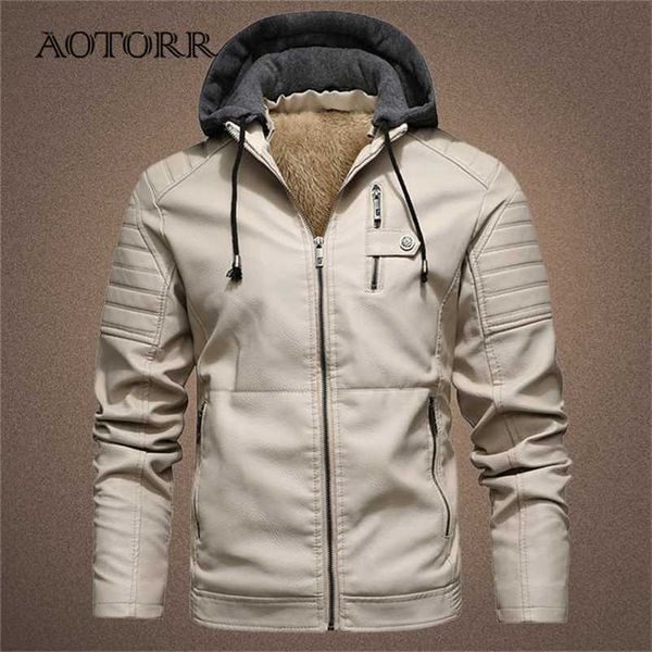 

men's motorcycle jacket hooded autumn winter faux pu leather jackets men casual solid biker coat zipper fleece coats 211110, Black