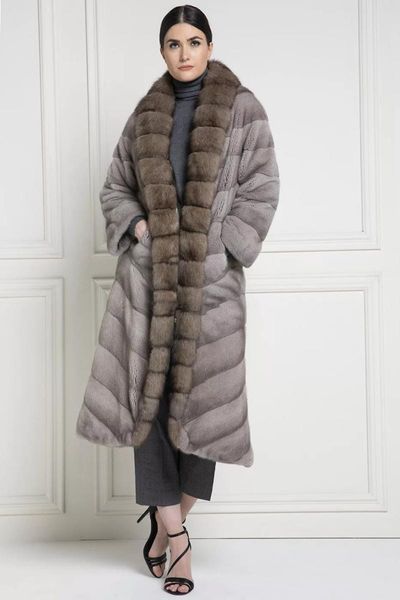 

women's fur & faux arlenesain 2021 real grey mink long coat with light brown sable collar, Black