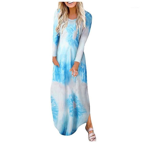 

casual dresses women's dyeing print bohemian slit pocket loose long dress maxi sleeve vestido *, Black;gray
