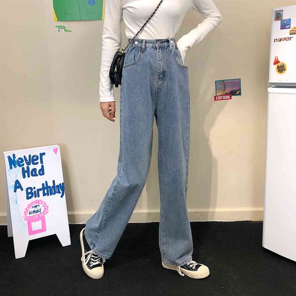 

jeans 2021 spring and autumn net red high waist adjustable women's slim loose elastic wide leg pants, Blue