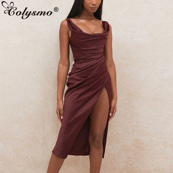 

colysmo summer tank dress side split 2 layers elastic invisible zipper elegant midi dresses for women party slim fit robe 210527, Black;gray