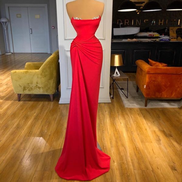 

elegant satin pleat evening dresses strapless beading mermaid prom dress floor length customise party second reception gowns, Black;red