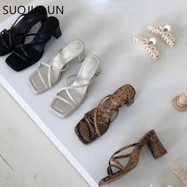 

suojialun 2021 new summer slippers square high heel slides female narrow band sandal shoes ladies outdoor beach flip flop shoes c0407, Black
