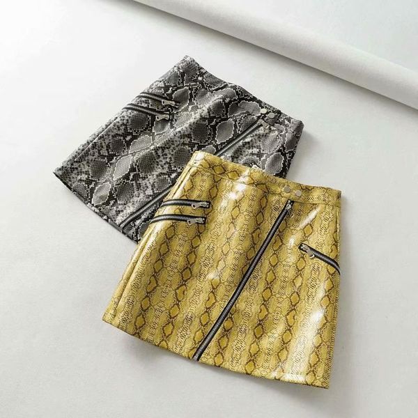 

faux snake print leather suspender street mini skirts lady women autumn high waist motorcycle pu zippers skirt, Black