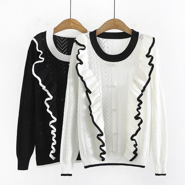 

women's sweaters 2021 autumn plus fat size dress slim round neck ruffle long sleeve sweater fashion, White;black