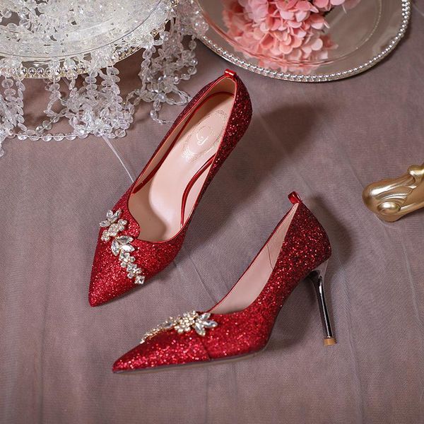 

dress shoes red wedding female crystal main stiletto buckle bride high heels are not tired, Black