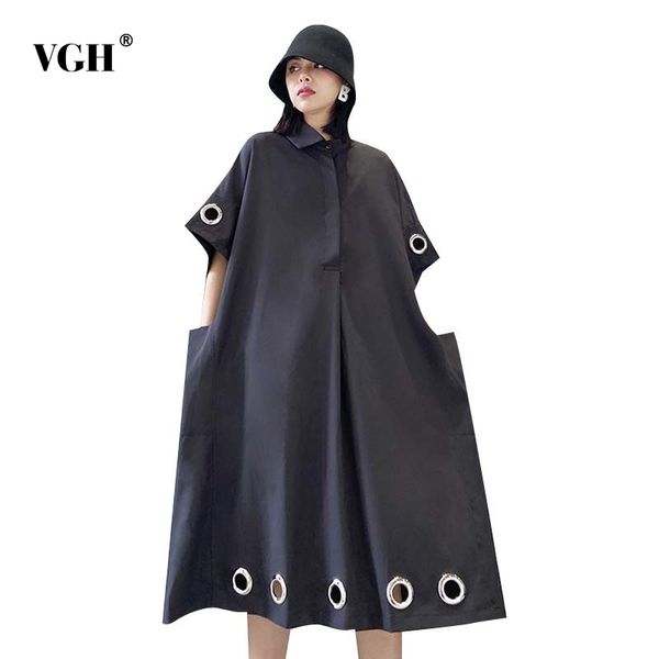 

vgh shinjuku black oversized dress shirt for women o neck short sleeves hollow out streetwear dresses fashion new spring 210421, Black;gray