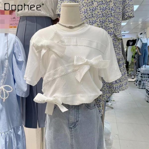 

spring and summer round neck korean bow lace-up western style ins solid color short sleeve cotton t-shirt women's, White