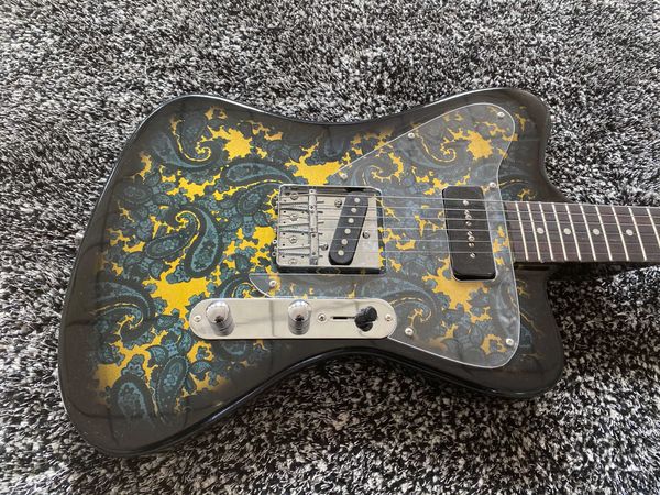 Crook Brad Signature Sparkle Preto Paisley JazzMaster Guitarra Elétrica Preto P90 Pickups, Fingerboard De Pescoço De Maple, Pickguard Transparente, Hardware Chrome