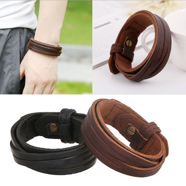 

leather retro bangles punk wide stylish style for men bangle, Black