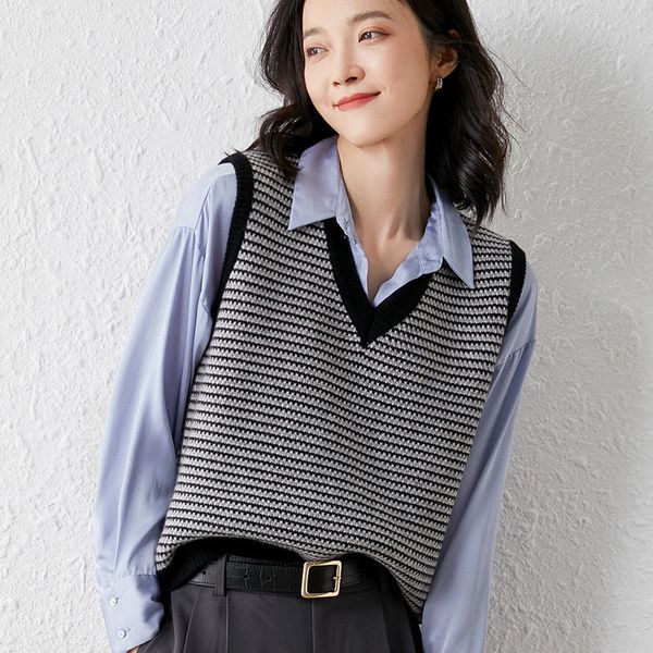 

autumn winter wool womanly solid knit v-neck vt, Black;white