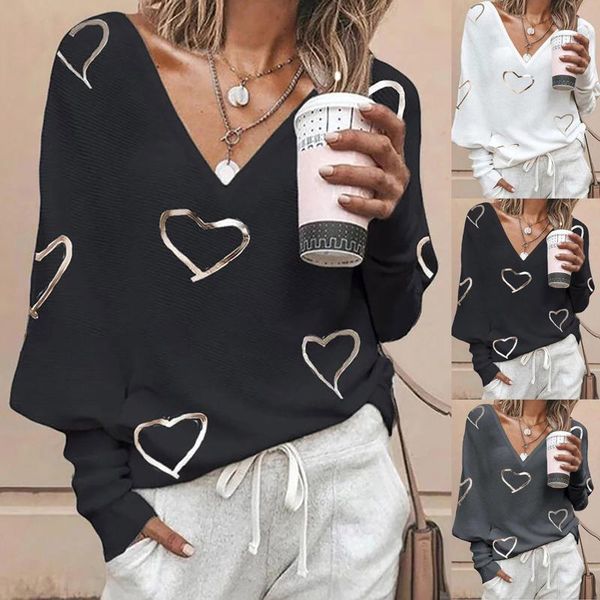 

women's blouses & shirts fashion women casual v- neck love hearts printed long-sleeved blusas mujer de moda 2021 products in autumn, White