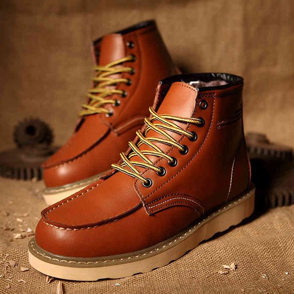 

autumn winter retro men's work boots brown platform warm fur casual non-slip rubber comfortable leather for, Black