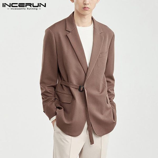 

men's suits & blazers men blazer solid color lapel long sleeve harajuku 2021 pockets casual streetwear lace up elegant coats incerun s-, White;black