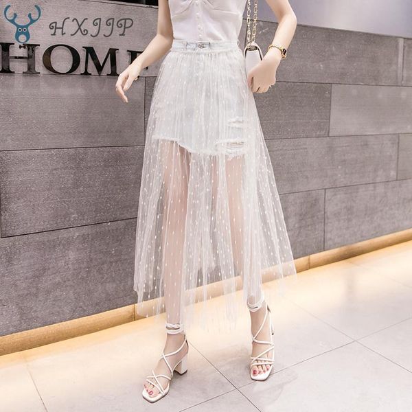 

skirts two piece set women 2021 tulle womens fashion mesh skirt and denim shorts high waist long saias faldas jupe femme, Black