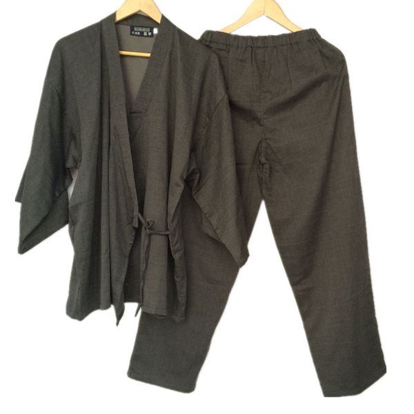 

men's sleepwear cotton yukata japanese kimono men pajamas mens robe and pants  l size hzsz, Black;brown