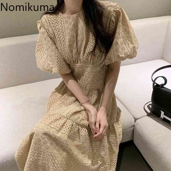 

nomikuma woman dress korean lace hollow-out dresses summer lantern sleeve high waist a-line elegant vestido feminimos 6g977 210427, Black;gray