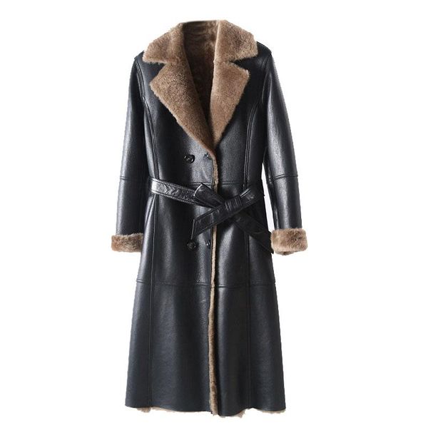 

women's fur & faux female winter lamb leather jacket genuine lambswool collar coats warm thicken outerwear, Black