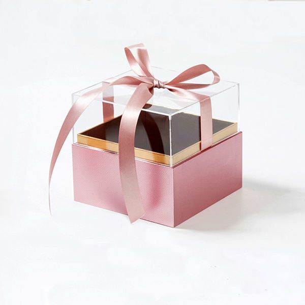 Caixa de presente acrílica quadrada com fita rosa arranjo de buquê surpresa caixa artesanato diy presente lembrança caixas de embrulho 210517