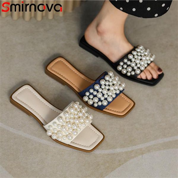 

slippers smirnova 2021 genuine leather slipper women shoes pearl comfortable flat summer fashion casual ladies, Black