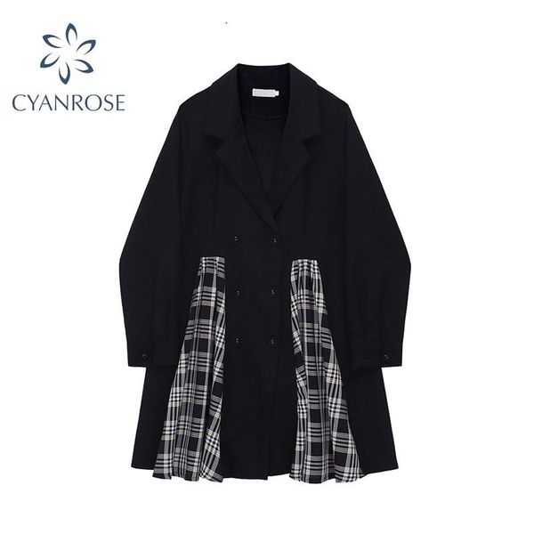 

casual dresses vintage double breasted blazer dress women long sleeve 2021 autumn winter korean elegant plaid female a line midi, Black;gray