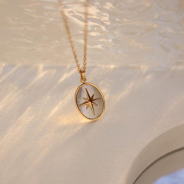 

gold stainless steel celestial north star necklace oval shell pendant for her valentine's days gift necklaces, Silver
