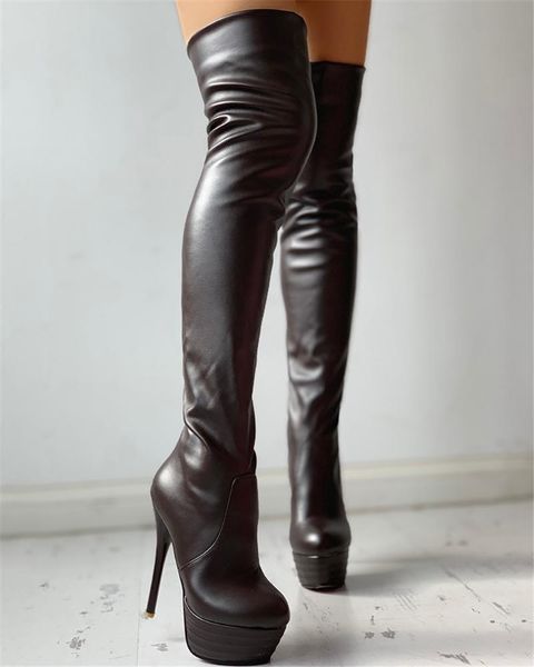 

small plus size 31-46 winter add fur platform extreme high fetish thin heels party shoes women over knee boots female, Black