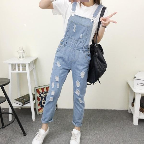 

women's jeans qmgood 2021 fashion spring denim jumpsuit women casual slim overalls ripped pants female pockets romper jumpsuits, Blue