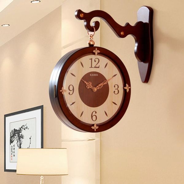 

wall clocks wooden large clock vintage modern design double sided kitchen round horloge murale home decor jj60wc