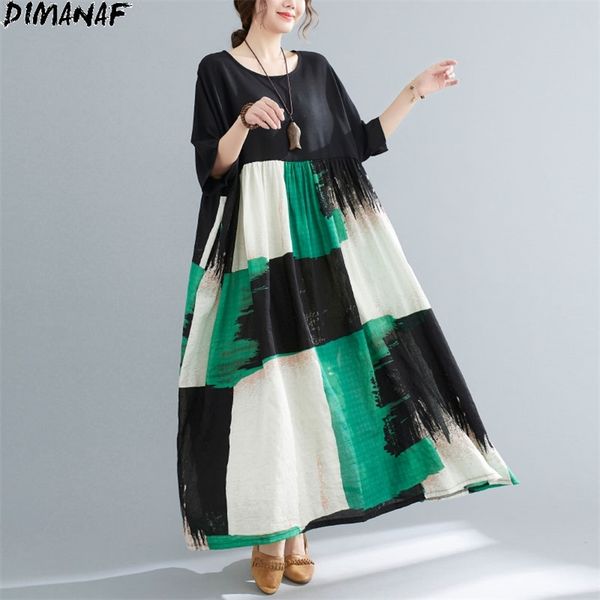 

plus size summer dress women vintage plaid patchwork oversize 5xl 6xl long cotton casual floral print black 210531, Black;gray