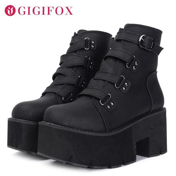 

boots brand spring autumn ankle women platform rubber sole buckle black pu leather high heels shoes woman comfortable