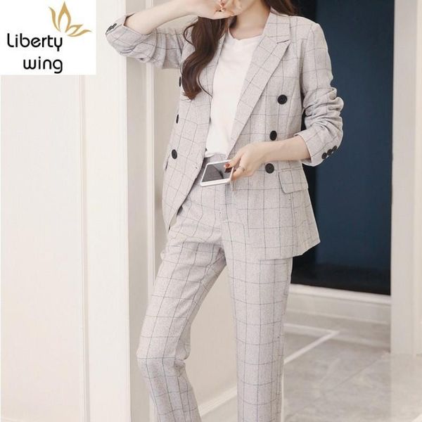 

women's suits & blazers business office ladies sets pants and jackets 2 pieces set slim fit blazer 2021 vintage fashion plaid clothes, White;black