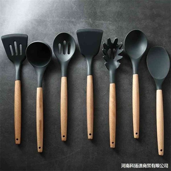 

factory9zcuhousehold nordic wood handle creative silicone non stick spatula spoon kitchen utensils pasta fish