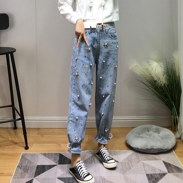 

women's jeans 2021 spring casual beaded loose high waist ankle-tied trousers feet harem hip-hop pants, Blue
