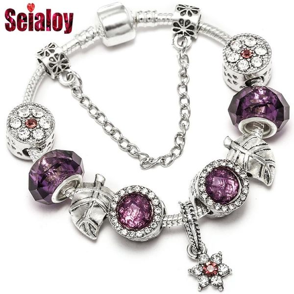 

charm bracelets vintage crystal flower bracelet for women men girl original purple large cuts beads brands bangle, Golden;silver