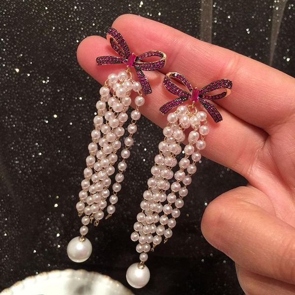 

dangle & chandelier trendy luxury simple sweet bowknot purple zircon freshwater pearl tassel drop earring for women temperament fashion jewe, Silver
