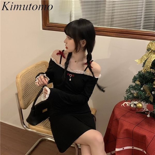

kimutomo sweet girls lace patchwork dresses spring fashion female slash neck slim high waist long sleeve bow vestidos 210521, Black;gray