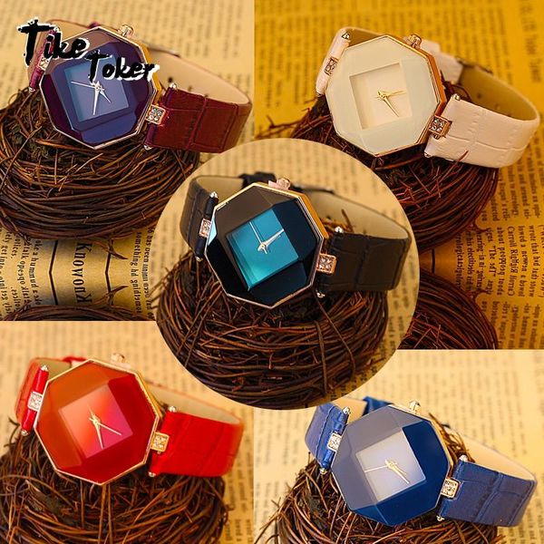 

wristwatches tike toker,quality luxury prism pattern rhinestone women wristwatch quartz watchs leather waterproof brand female male cloc, Slivery;brown