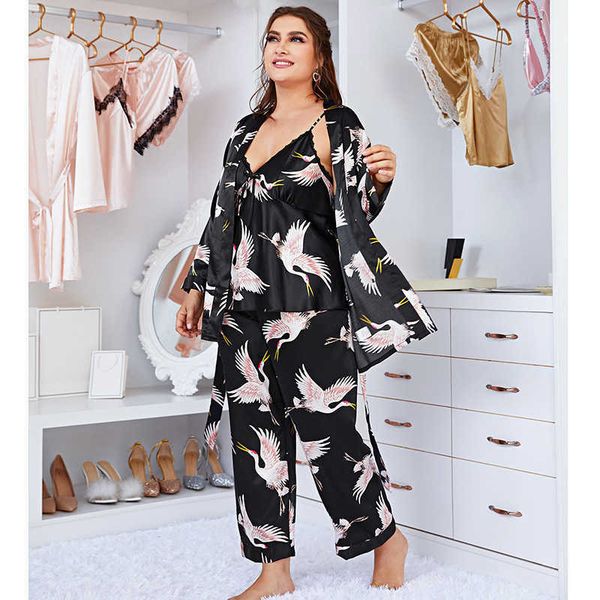 

yaoting women's silk pajamas spring and summer suspender trousers outer robe three piece suit large size ice silk home clothes stz1320, Black;red