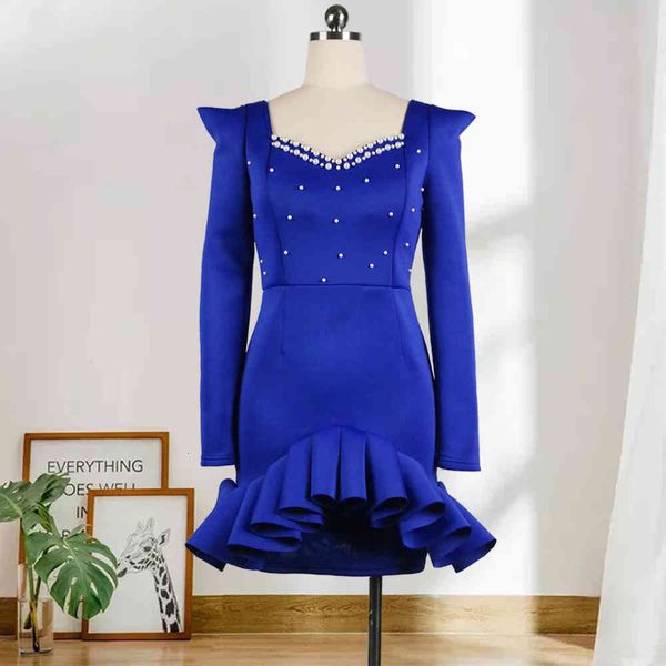

two piece dress women blue party ruffles patchwork with bead long sleeve bodycon celebrate event date out occation vestidos k, White