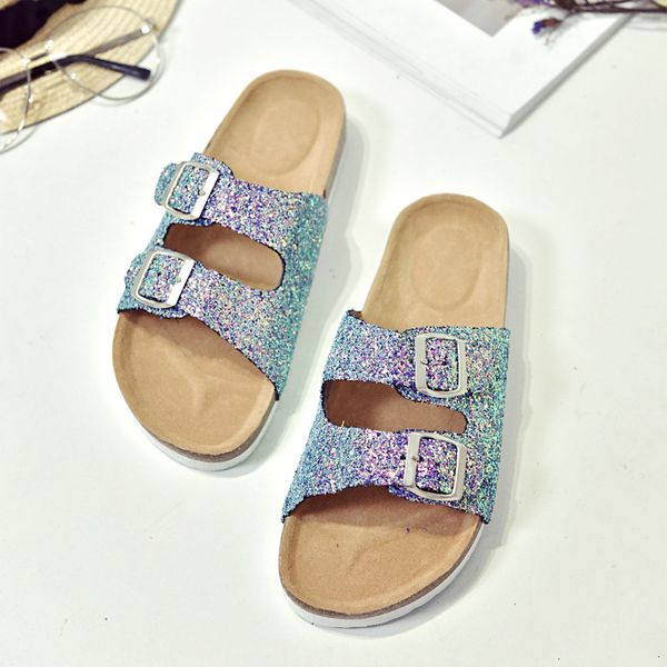 

fancy classic summer women luxury beach cork slippers casual sandals sequins slides double buckle clogs women slip on flip flops flats shoe, Black