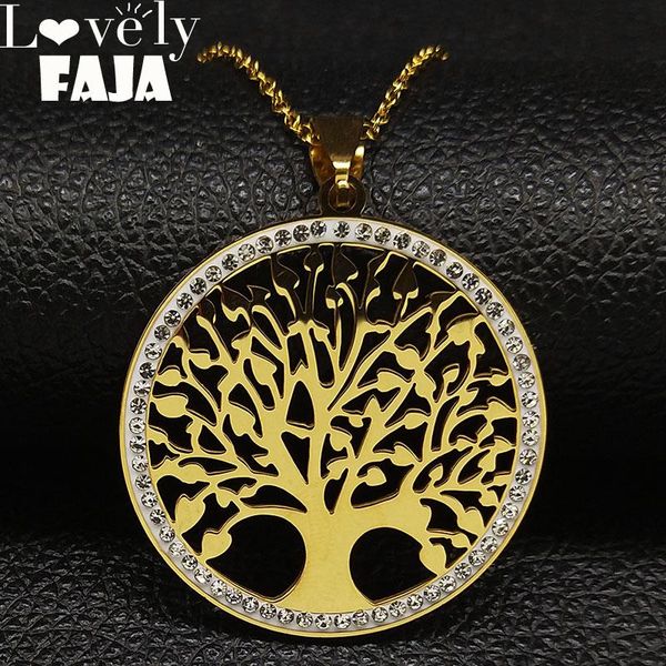 

fashion tree of life crystal stainless steel statement necklace women gold color chain necklaces jewelry joyeria k77538bs03 pendant, Silver