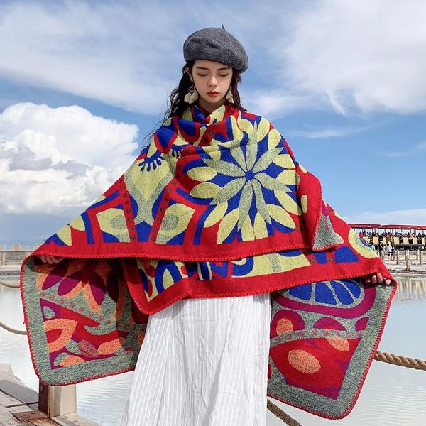 

scarves slit scarf women chinese style floral pattern shawl travel po cloak big warm muffler outside in autumn and winter, Blue;gray