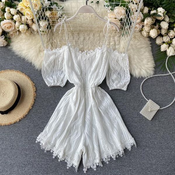 

off shoulder white/black lace bodysuit women 2021 summer hollow out jumpsuit women's jumpsuits & rompers, Black;white