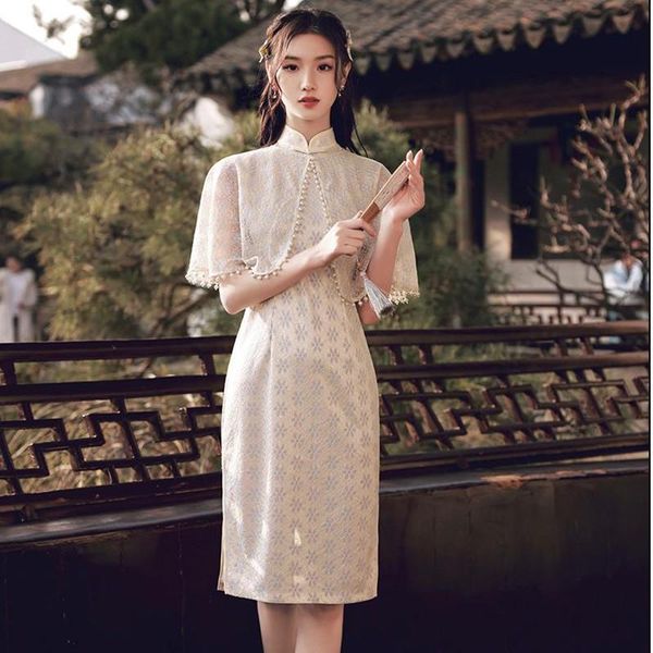 

ethnic clothing elegant lace beading cape qipao lady vintage mandarin collar cheongsam slim oriental bride wedding dress gown large size 3xl, Red