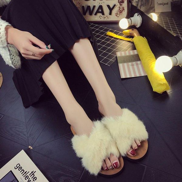 

spring and autumn cross furry slippers women's flat korean fashion a- line wholesale, Black