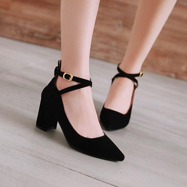 

vintage rome cross tied gladiator pumps women chunky block high heels ladies shoes office career flock 34-43 dress, Black