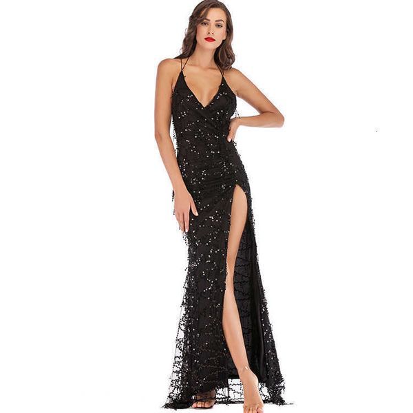 

luxury evening party dresses women's v-neck sling backls sequin long summer, Black