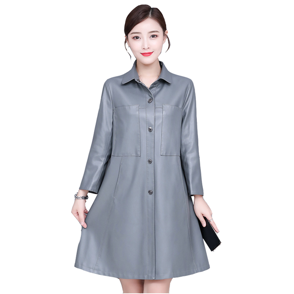 

women's leather & faux spring autumn models plus size coat womens fashion medium long korean loose sheepskin trench, Black